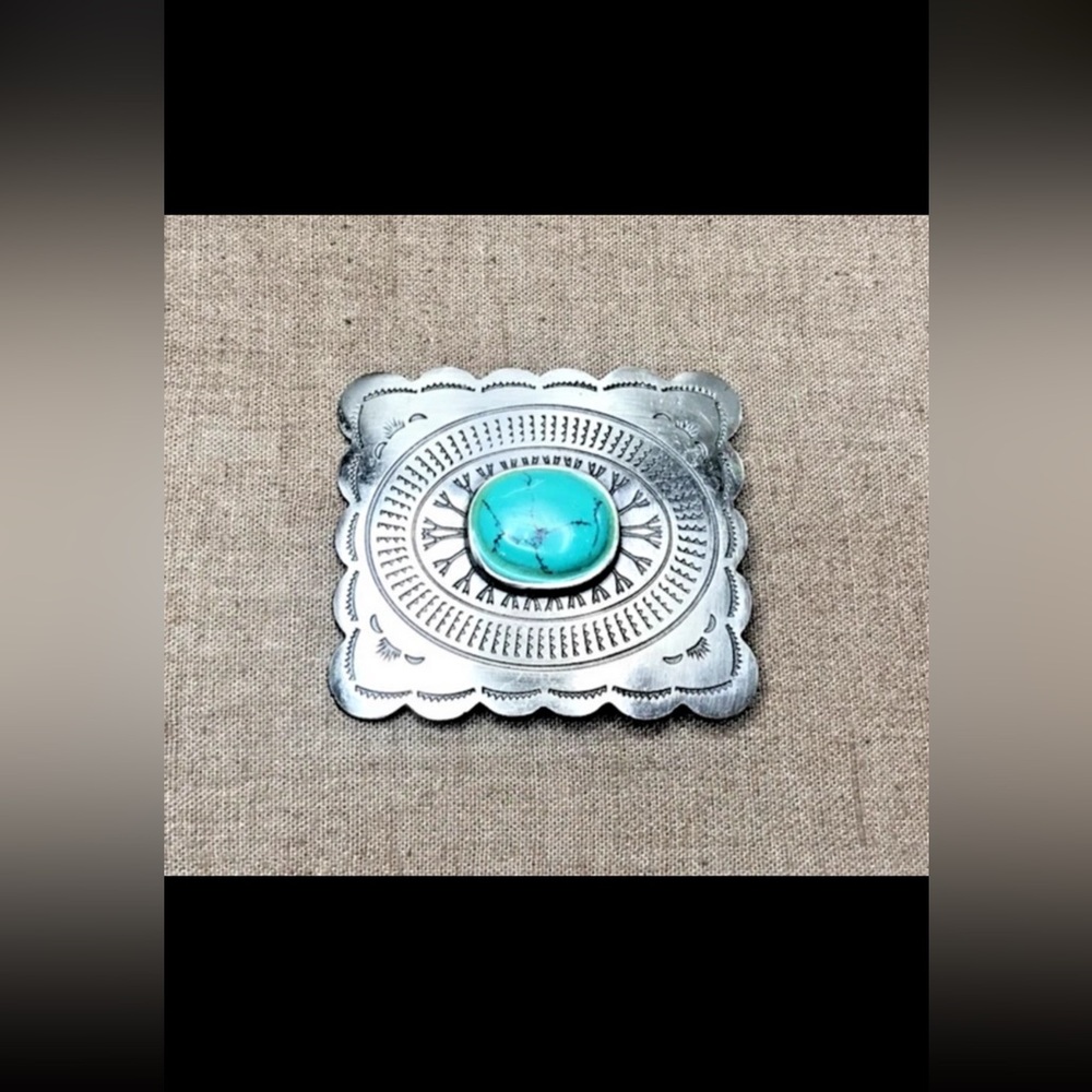 Navajo Style Belt Buckle Silver Tone Turquoise Colored Stone Fits 1.75" Belt